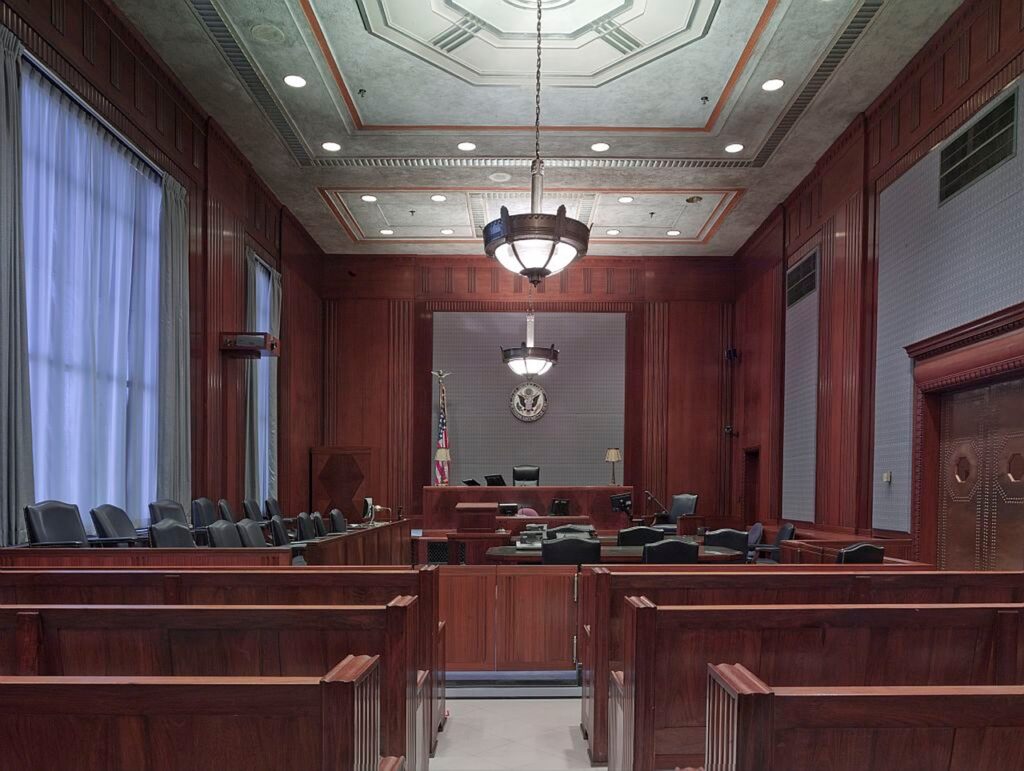 Empty courtroom where a land surveyor could be an expert witness in a land dispute.