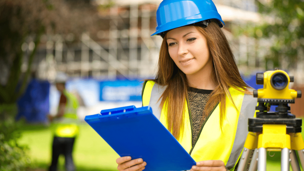 Woman in construction and hat and visit that has a blue clipboard and land surveying tool on tripod