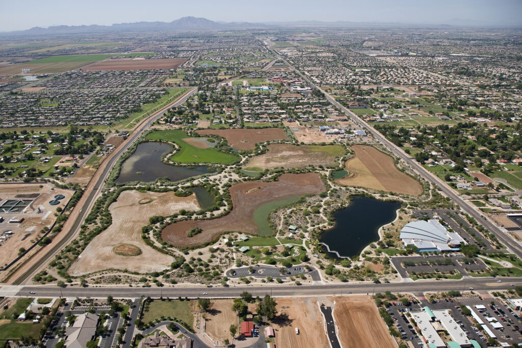 Aerial image of a riparian reserve featuring land and water bodies